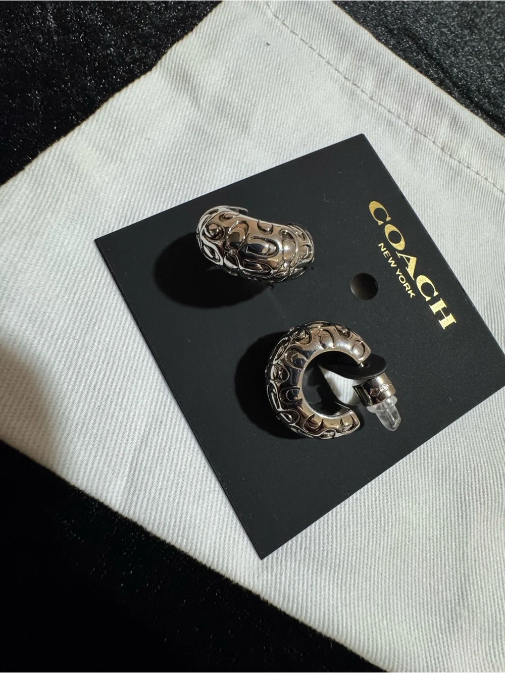 COACH Silver-Tone Signature Pattern Hoop Earrings - Picture 2 of 4